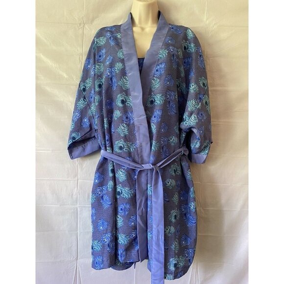 Y2K Contessa Di Roma  Lounge Set‎ L Kimono Robe Sleeveless Dress Blue Floral VTG - Picture 1 of 12